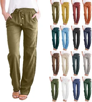 Cotton Linen Pants Womens Casual Long Trousers Lightweight High Waist Summer Pant Straight Leg Trouser Drawstring