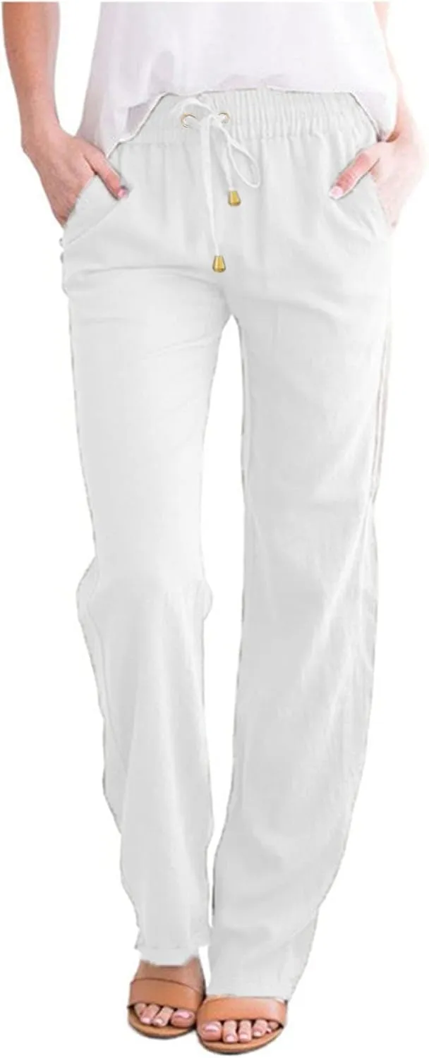 Cotton Linen Pants Womens Casual Long Trousers Lightweight High Waist Summer Pant Straight Leg Trouser Drawstring