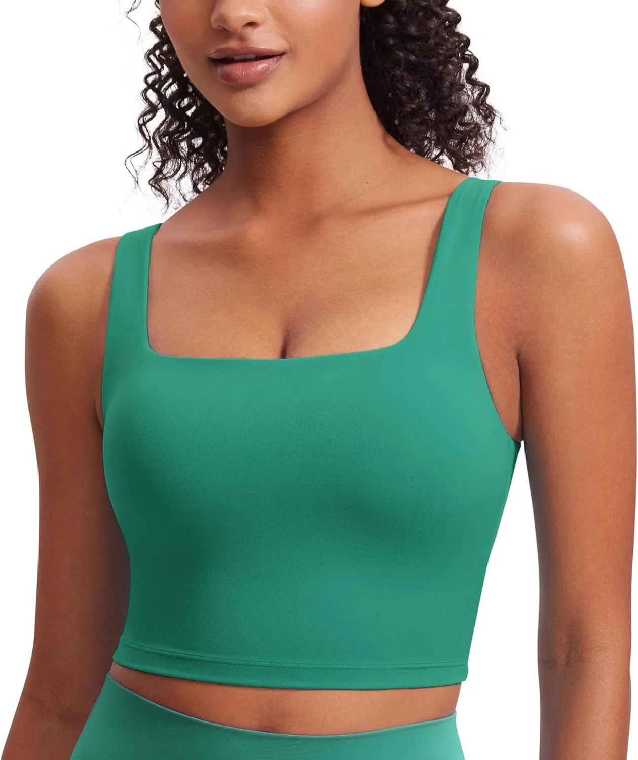 CRZ YOGA Butterluxe Womens Square Neck Longline Sports Bra - Workout Crop Tank Tops Padded Yoga Camisole with Built in Pads