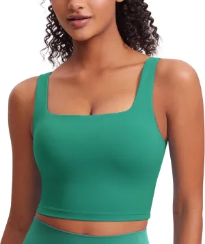 CRZ YOGA Butterluxe Womens Square Neck Longline Sports Bra - Workout Crop Tank Tops Padded Yoga Camisole with Built in Pads