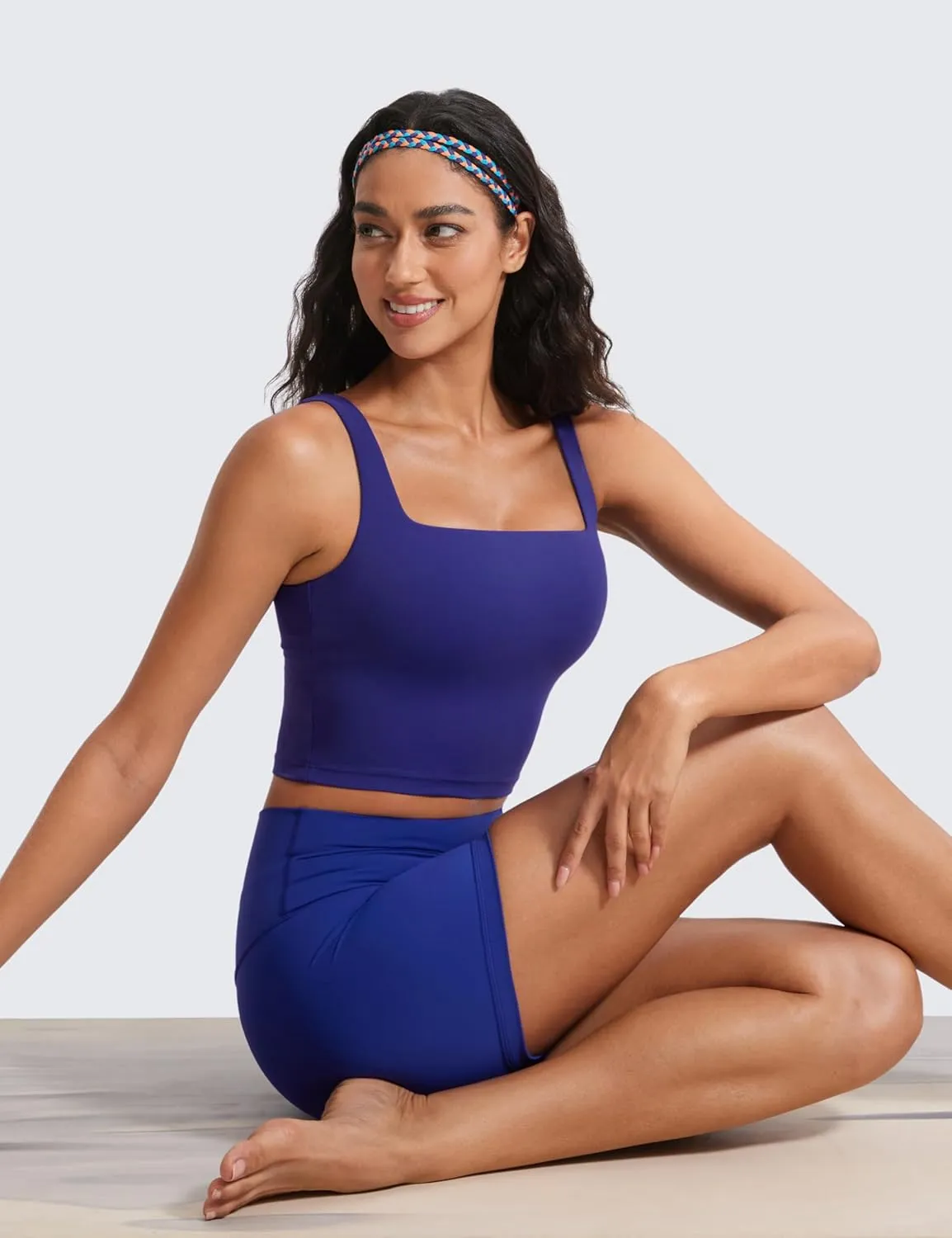 CRZ YOGA Butterluxe Womens Square Neck Longline Sports Bra - Workout Crop Tank Tops Padded Yoga Camisole with Built in Pads