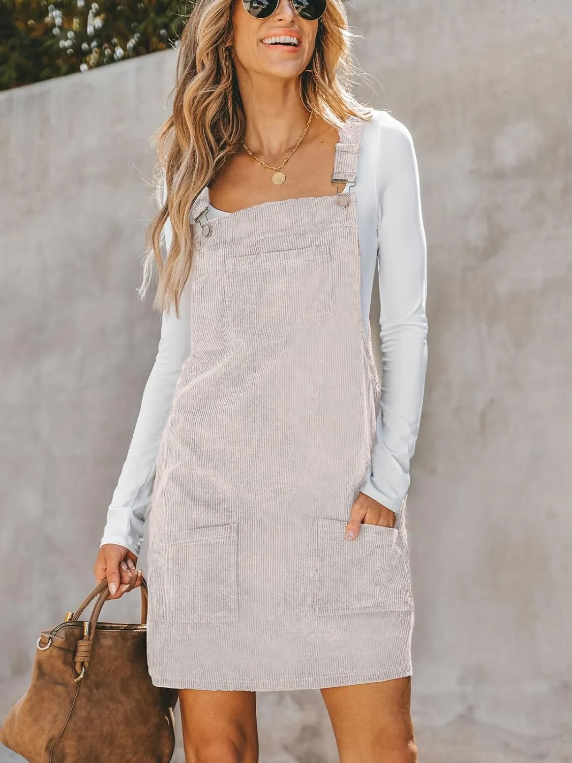CUPSHE Women Corduroy Summer Dress Front Bib Pocket Square Neck Wide Strap Casual Overall Holiday Vacation Fall Mini Dress