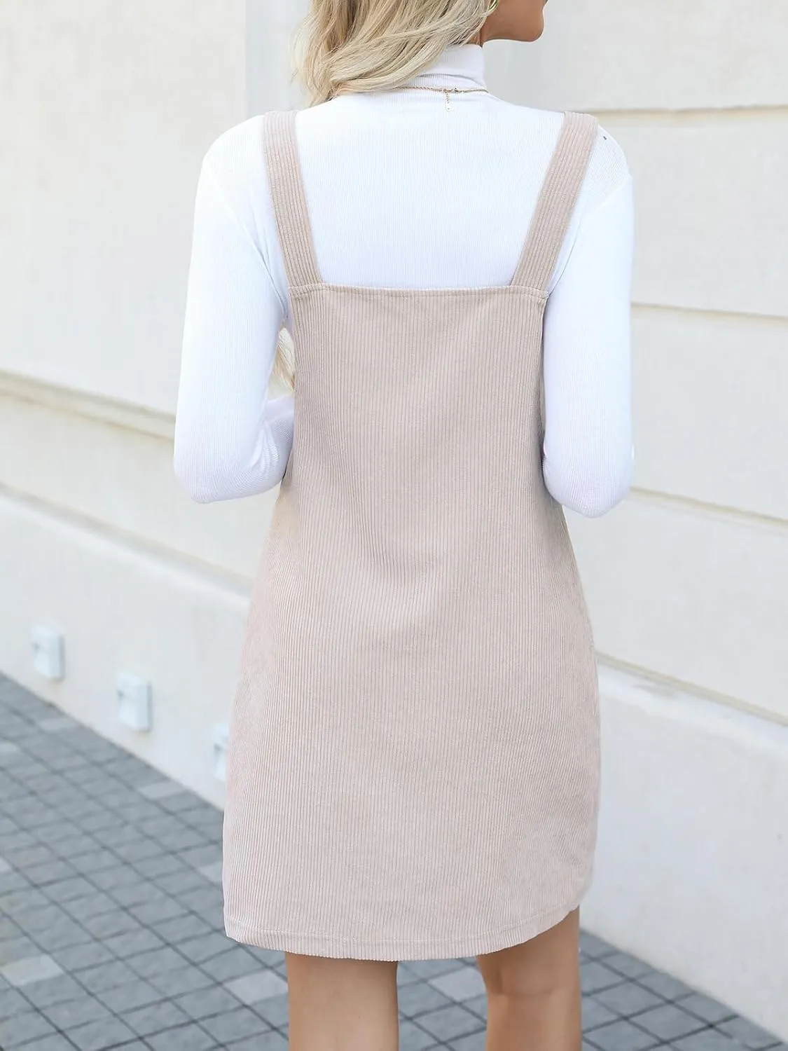 CUPSHE Women Corduroy Summer Dress Front Bib Pocket Square Neck Wide Strap Casual Overall Holiday Vacation Fall Mini Dress