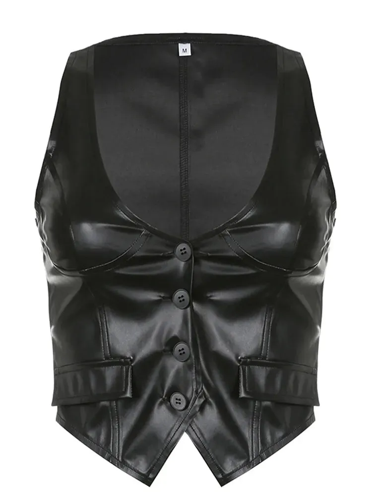 Cyflymder Women PU Leather Button Down Crop Blazer Vest Halter Dressy Punk Corset Top V-Neck Sleeveless Y2K Waistcoat Jacket Coat