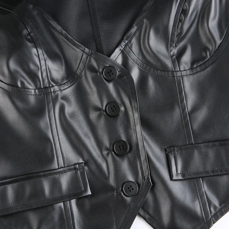 Cyflymder Women PU Leather Button Down Crop Blazer Vest Halter Dressy Punk Corset Top V-Neck Sleeveless Y2K Waistcoat Jacket Coat