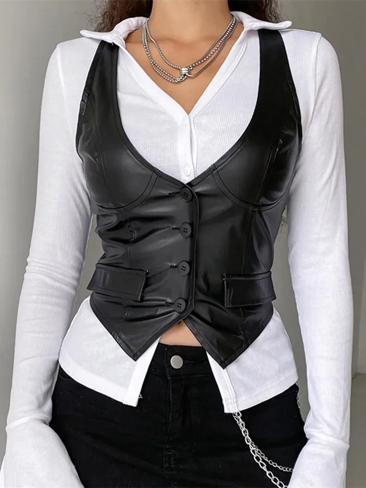 Cyflymder Women PU Leather Button Down Crop Blazer Vest Halter Dressy Punk Corset Top V-Neck Sleeveless Y2K Waistcoat Jacket Coat