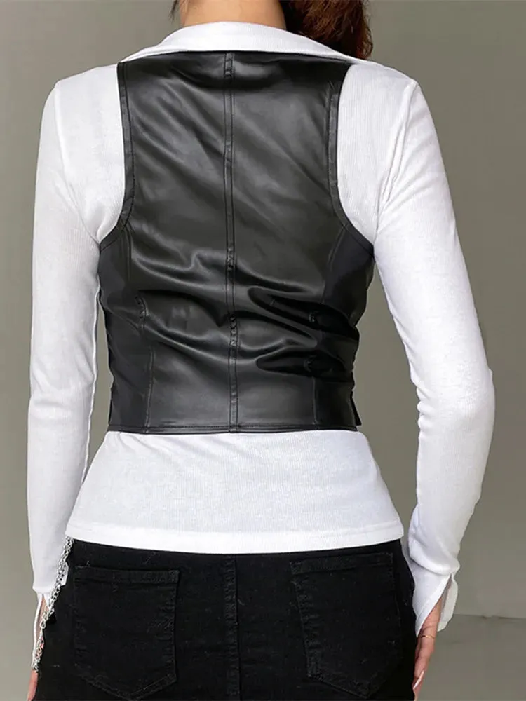 Cyflymder Women PU Leather Button Down Crop Blazer Vest Halter Dressy Punk Corset Top V-Neck Sleeveless Y2K Waistcoat Jacket Coat