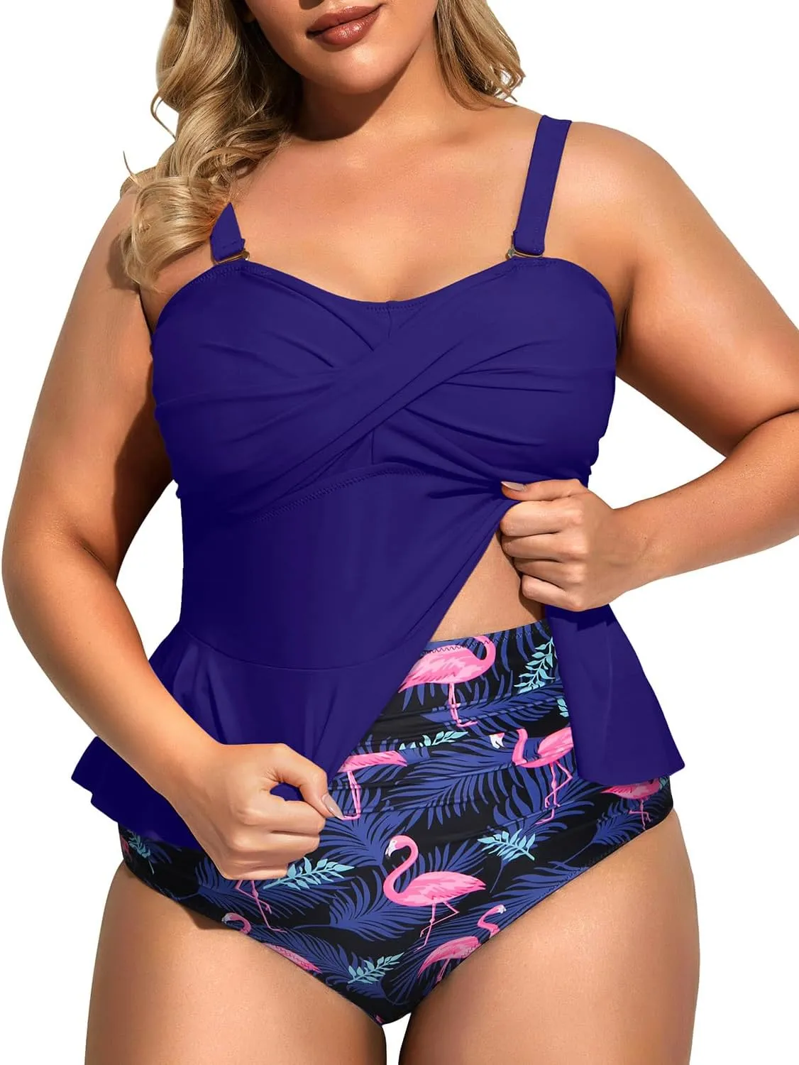 Daci Women Two Piece Plus Size Swimsuit with Bottom Peplum Tankini High Waisted Tummy Control Bathing Suit