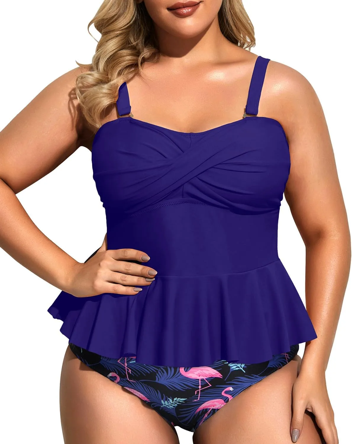Daci Women Two Piece Plus Size Swimsuit with Bottom Peplum Tankini High Waisted Tummy Control Bathing Suit