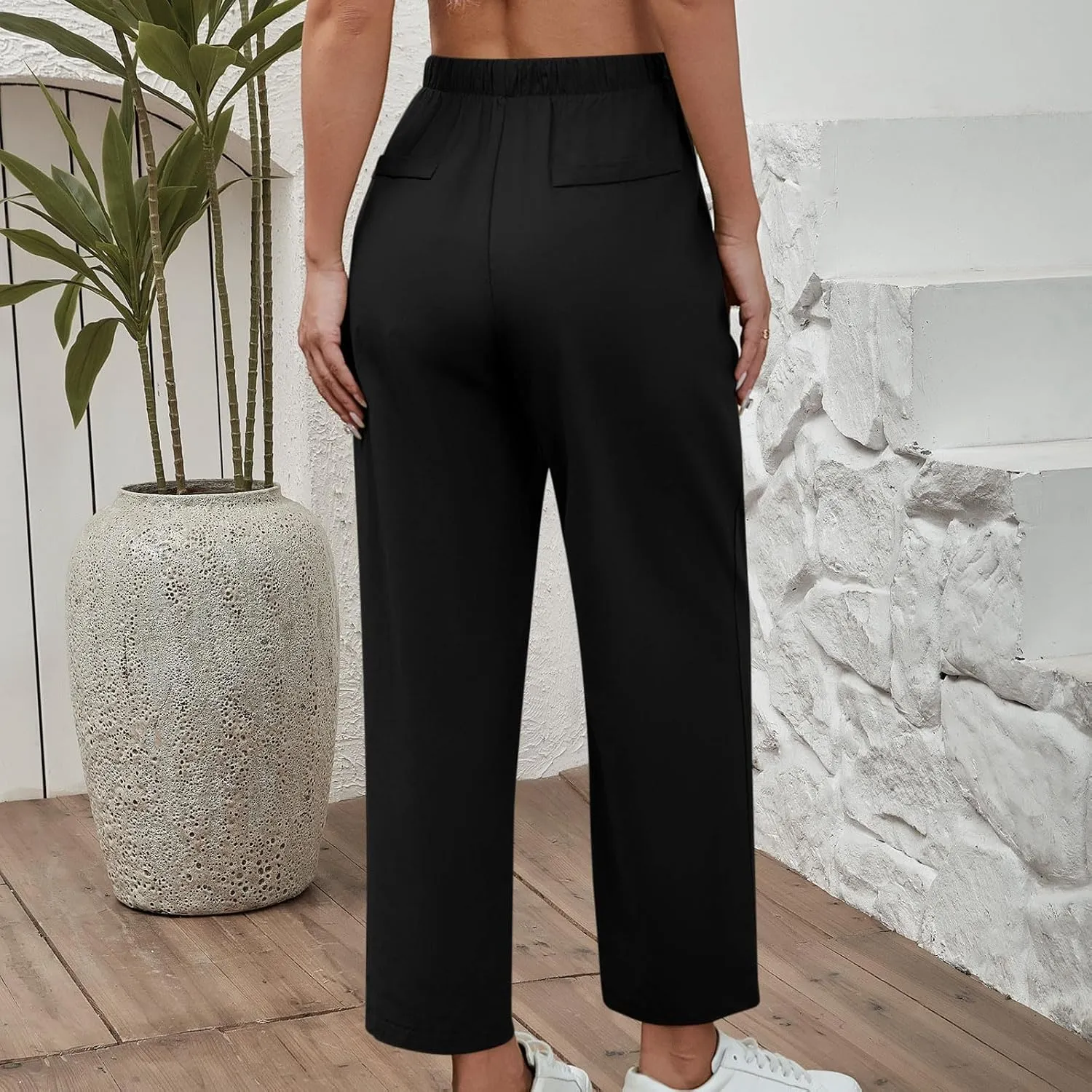 DASAYO Linen Pants Women Drawstring Elastic Waist Ankle Length Straight Leg Pants with Pockets Summer Outfits Fahsion 2025