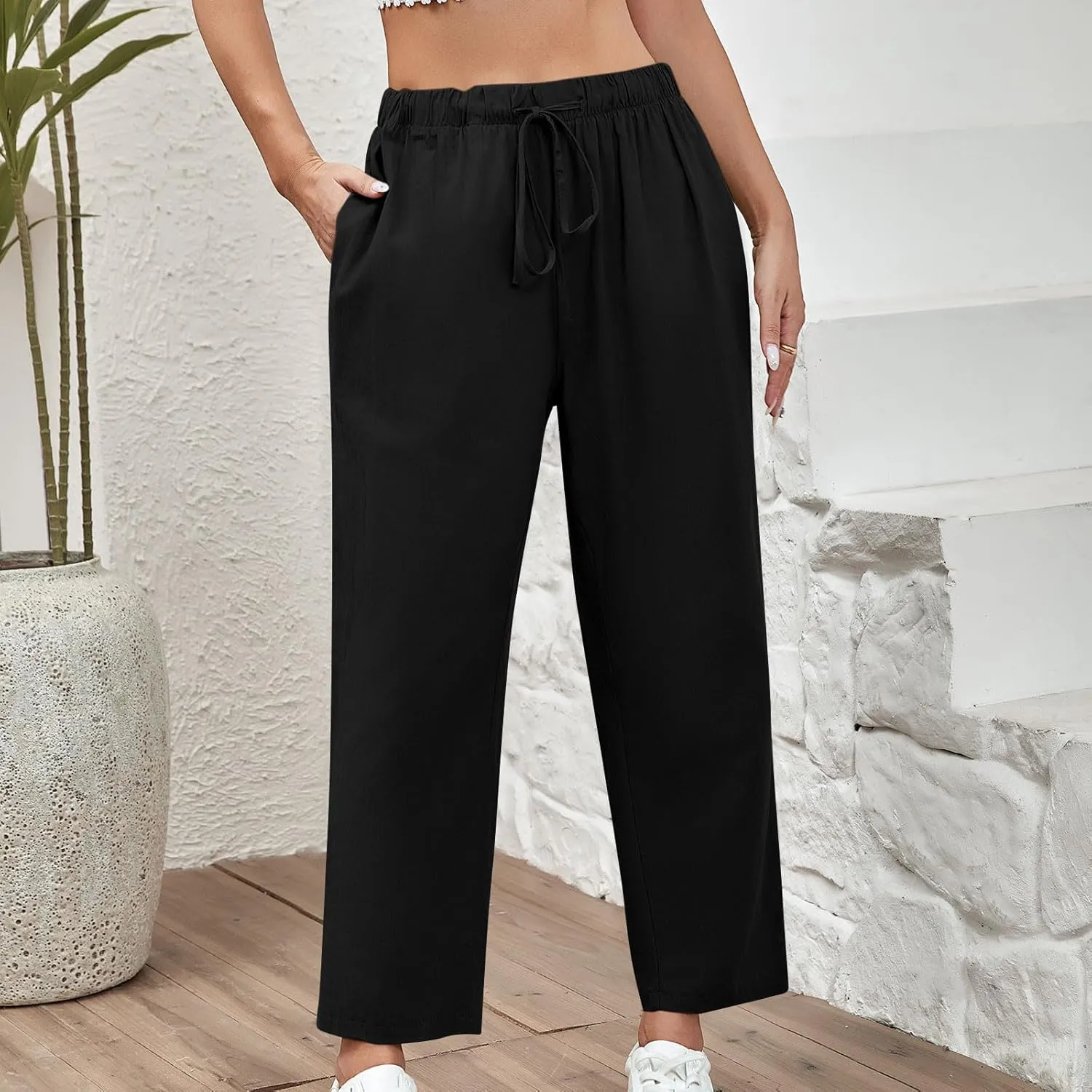 DASAYO Linen Pants Women Drawstring Elastic Waist Ankle Length Straight Leg Pants with Pockets Summer Outfits Fahsion 2025
