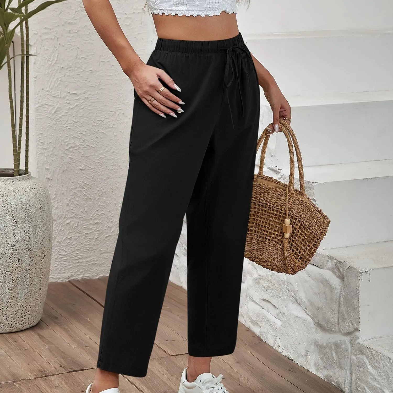 DASAYO Linen Pants Women Drawstring Elastic Waist Ankle Length Straight Leg Pants with Pockets Summer Outfits Fahsion 2025