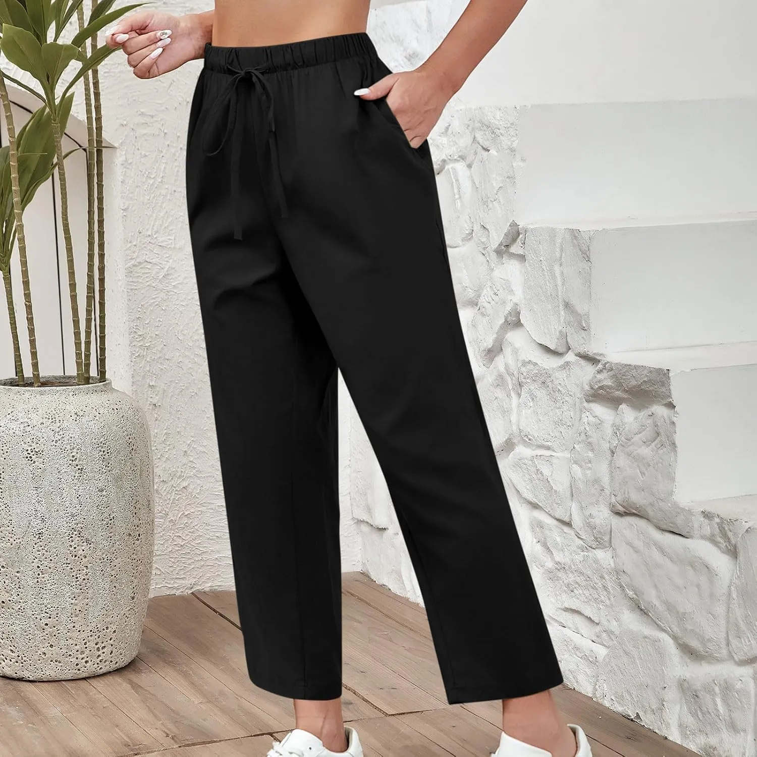 DASAYO Linen Pants Women Drawstring Elastic Waist Ankle Length Straight Leg Pants with Pockets Summer Outfits Fahsion 2025