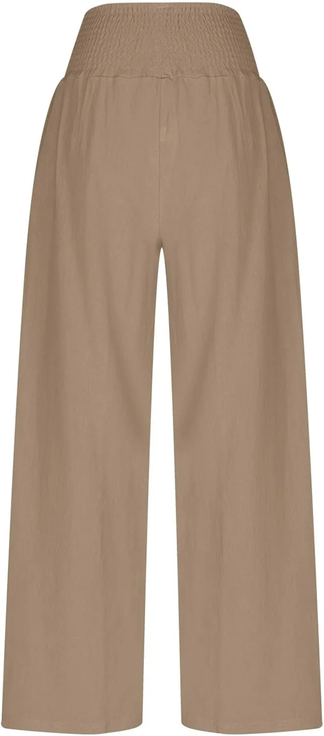 DASAYO Linen Pants Women Trendy Ruffle Elastic High Wasited Palazzo Pants Dressy Casual Summer Beach Trousers with Pockets