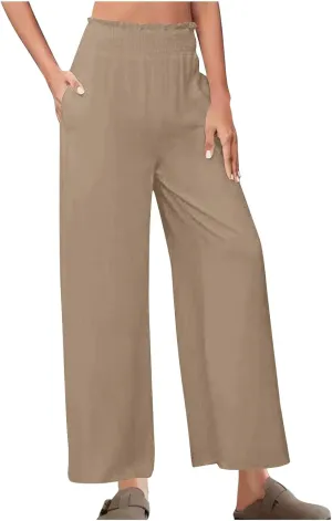 DASAYO Linen Pants Women Trendy Ruffle Elastic High Wasited Palazzo Pants Dressy Casual Summer Beach Trousers with Pockets