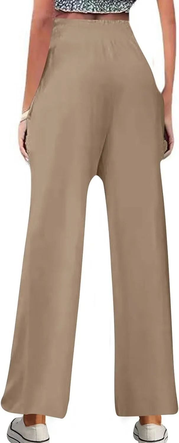 DASAYO Linen Pants Women Trendy Ruffle Elastic High Wasited Palazzo Pants Dressy Casual Summer Beach Trousers with Pockets