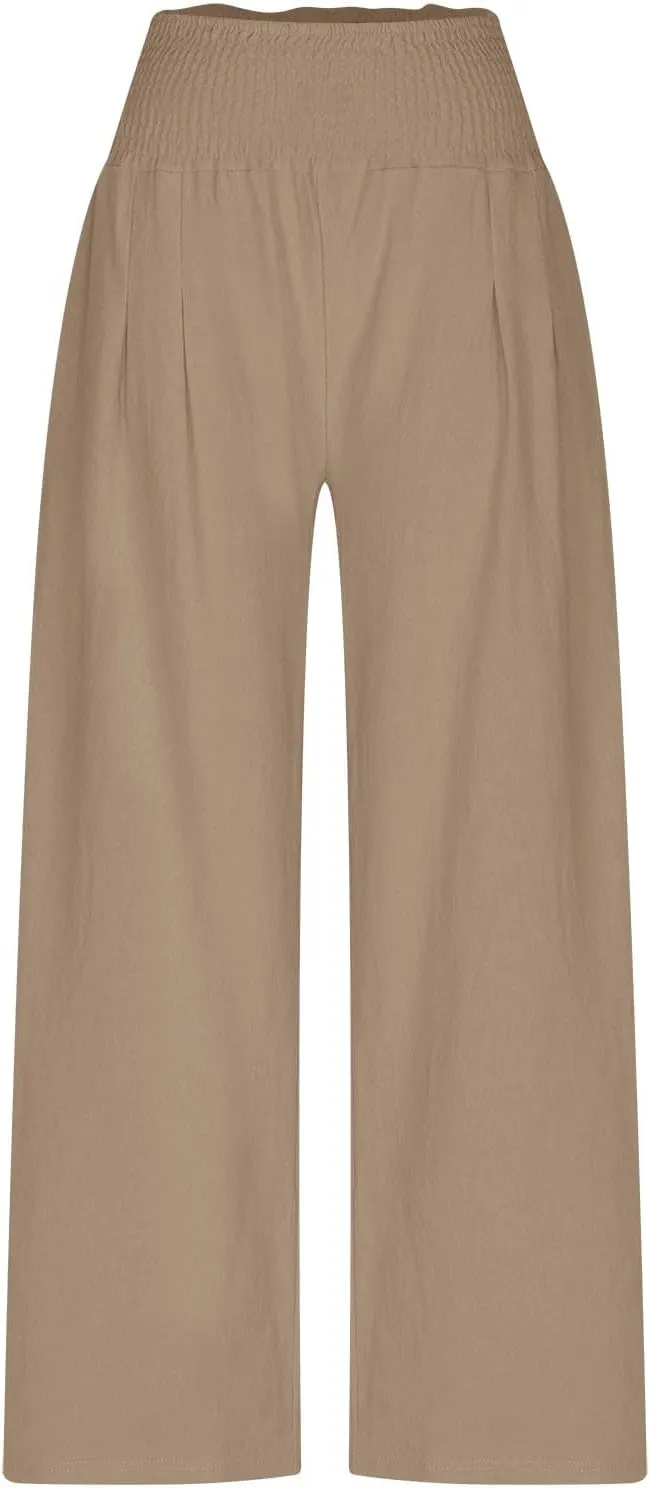 DASAYO Linen Pants Women Trendy Ruffle Elastic High Wasited Palazzo Pants Dressy Casual Summer Beach Trousers with Pockets