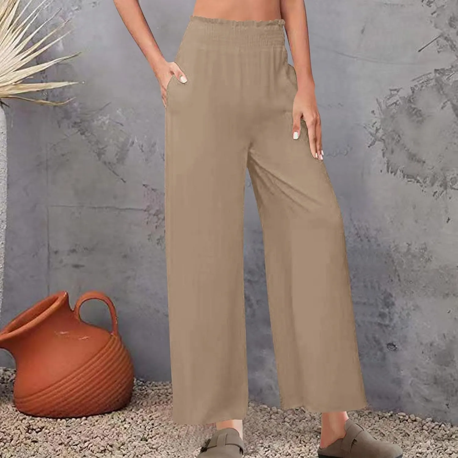 DASAYO Linen Pants Women Trendy Ruffle Elastic High Wasited Palazzo Pants Dressy Casual Summer Beach Trousers with Pockets