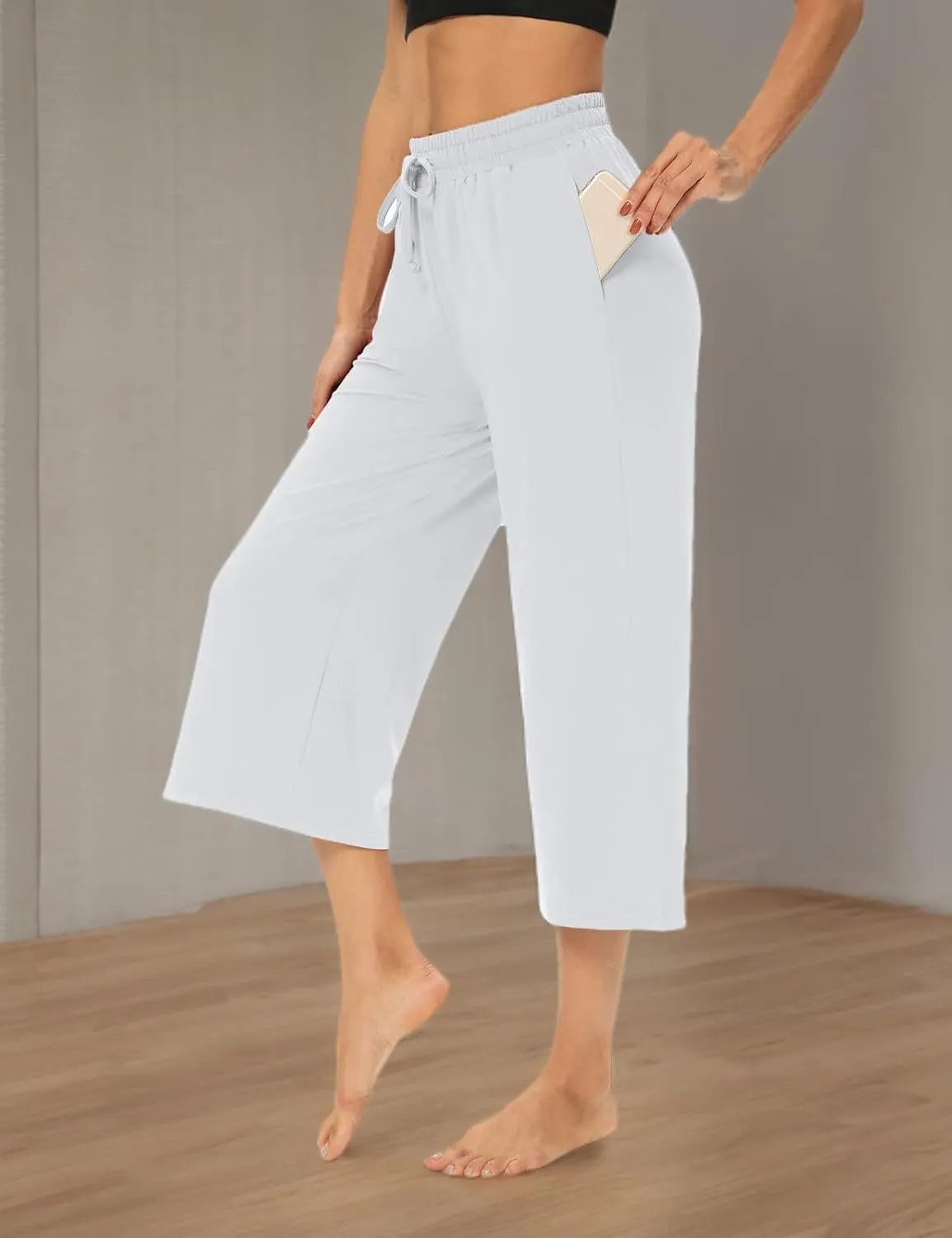 DIBAOLONG Womens Capri Pants Loose Yoga Pants Wide Leg Drawstring Comfy Lounge Pajama Capris Sweatpants with Pockets