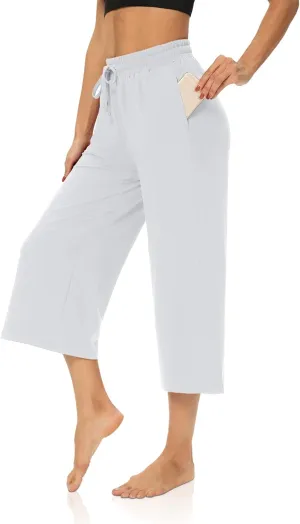 DIBAOLONG Womens Capri Pants Loose Yoga Pants Wide Leg Drawstring Comfy Lounge Pajama Capris Sweatpants with Pockets