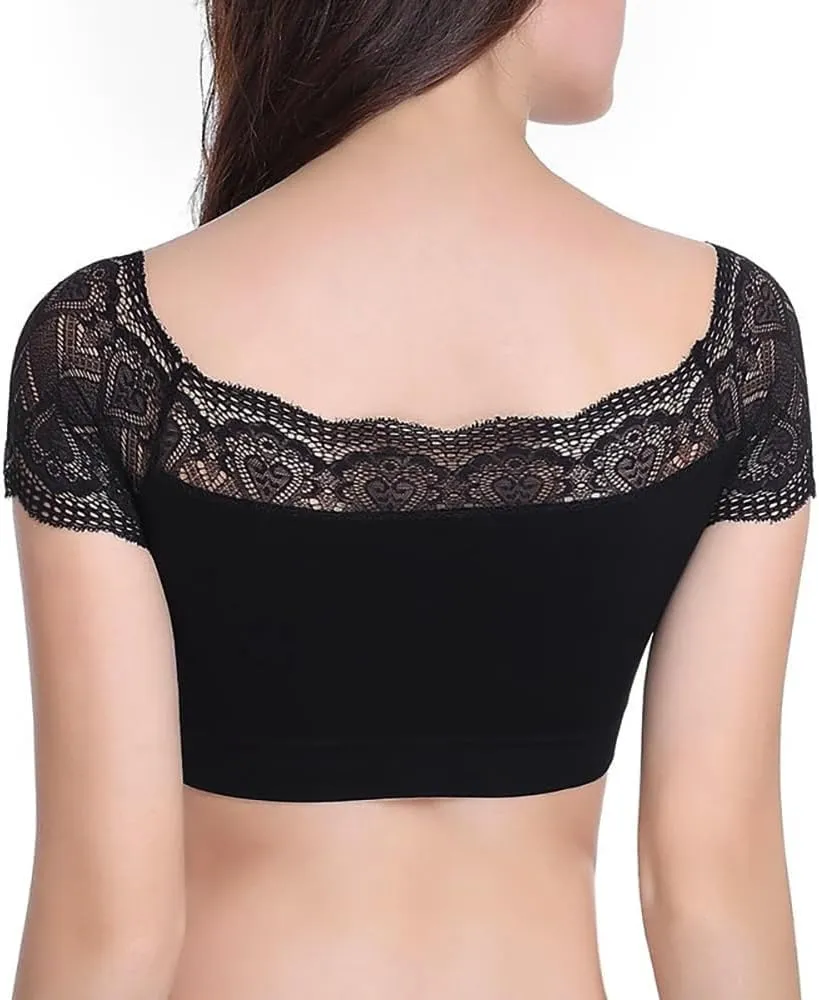 DRESHOW Lace Bralette Tank Tops Wireless Bra Lace Crop Top Padded Stretch Spaghetti Thin Strap Yoga Sports Bra for Women