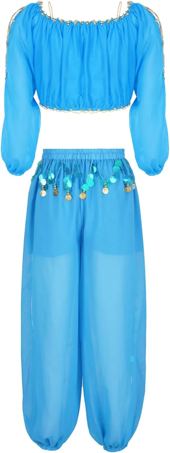 easyforever Women's Belly Dance Costume Split Puff Sleeve Crop Top Harem Pants Dance Outfits