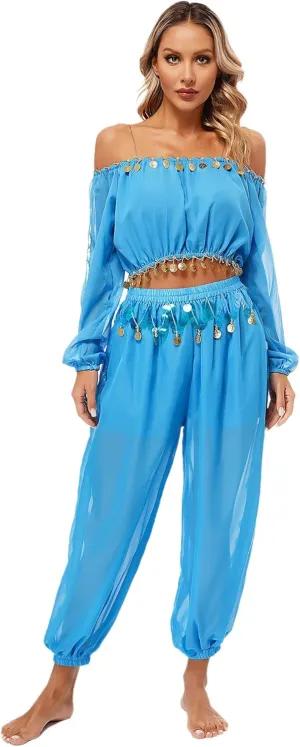 easyforever Women's Belly Dance Costume Split Puff Sleeve Crop Top Harem Pants Dance Outfits