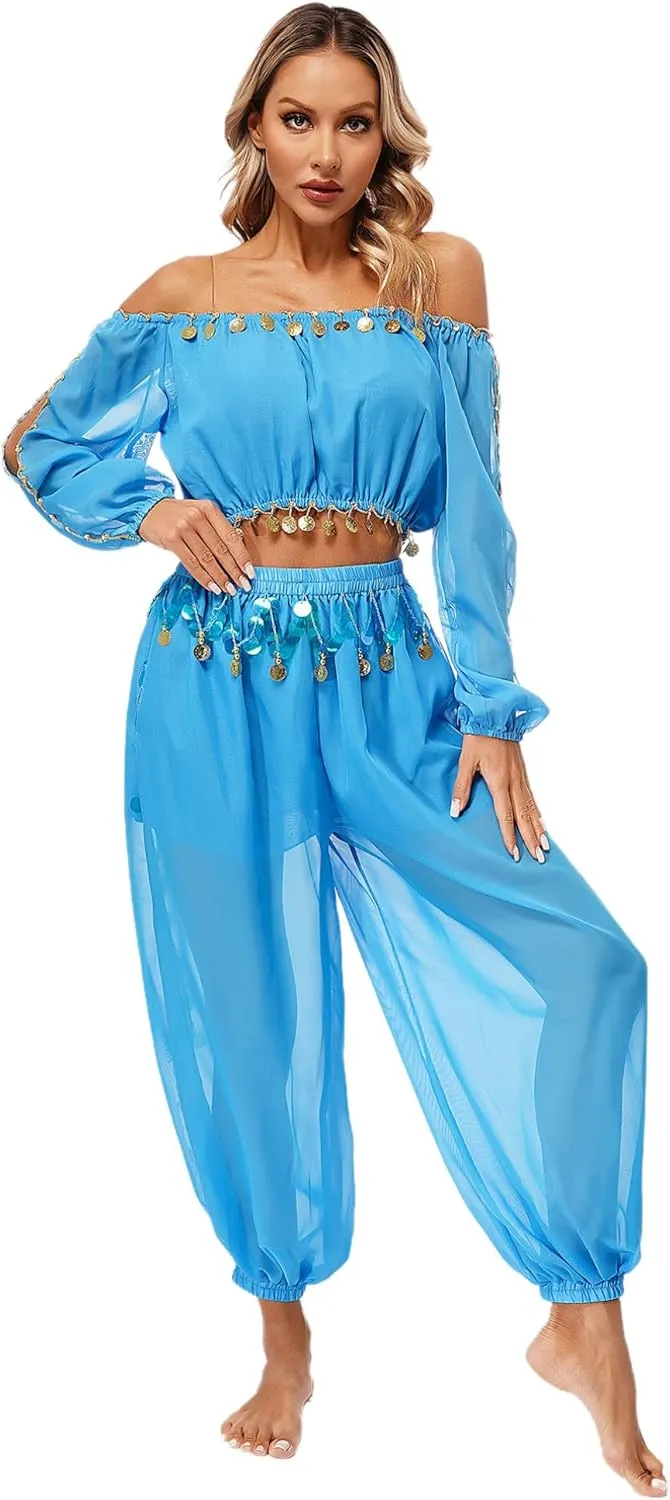 easyforever Women's Belly Dance Costume Split Puff Sleeve Crop Top Harem Pants Dance Outfits