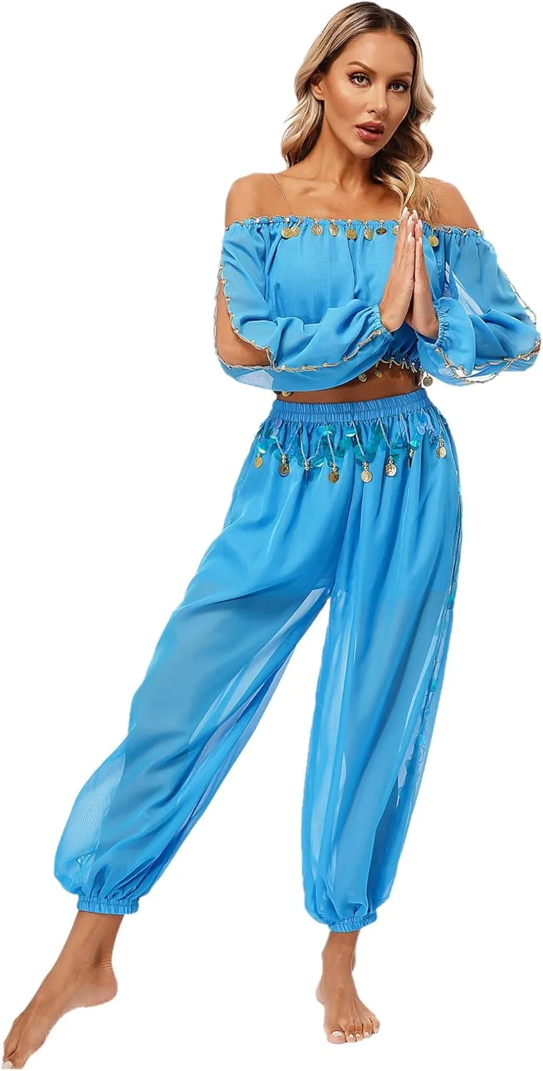 easyforever Women's Belly Dance Costume Split Puff Sleeve Crop Top Harem Pants Dance Outfits