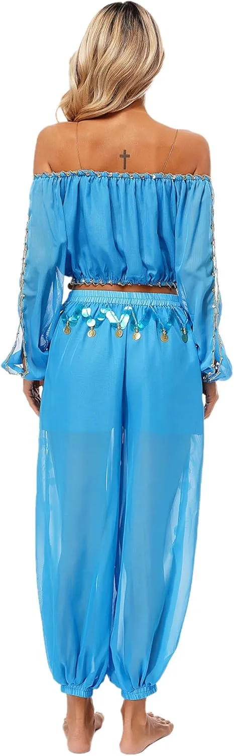 easyforever Women's Belly Dance Costume Split Puff Sleeve Crop Top Harem Pants Dance Outfits