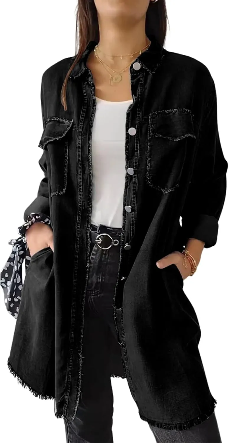ebossy Womens Oversized Jean Jacket Casual Long Sleeve Button Down Boyfriend Distressed Denim Shirt Shacket
