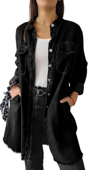 ebossy Womens Oversized Jean Jacket Casual Long Sleeve Button Down Boyfriend Distressed Denim Shirt Shacket