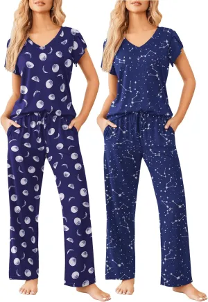 Ekouaer 2 Pack Womens Pajamas Short Sleeve Sleepwear Top with Pants Super-Soft Printed Lounge Sets S-XXL