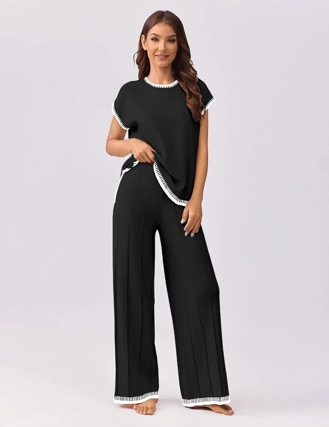 Ekouaer Womens Matching Sets Knit Sweater Sets 2 Pieces Outfits Pullover Tops Wide Legs Pants Lounge Set