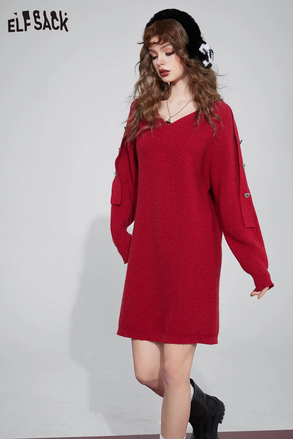 ELFSACK Gyaru Christmas Party Dress For Women 2023 Winter New Plus Size Luxury Knitting Dresses