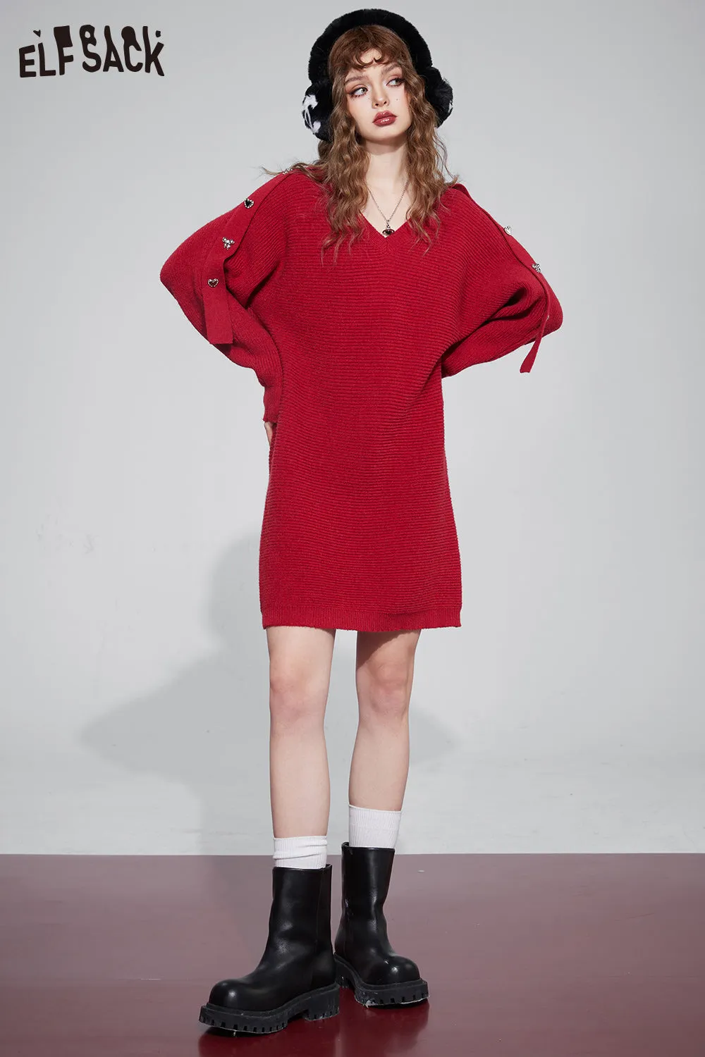ELFSACK Gyaru Christmas Party Dress For Women 2023 Winter New Plus Size Luxury Knitting Dresses