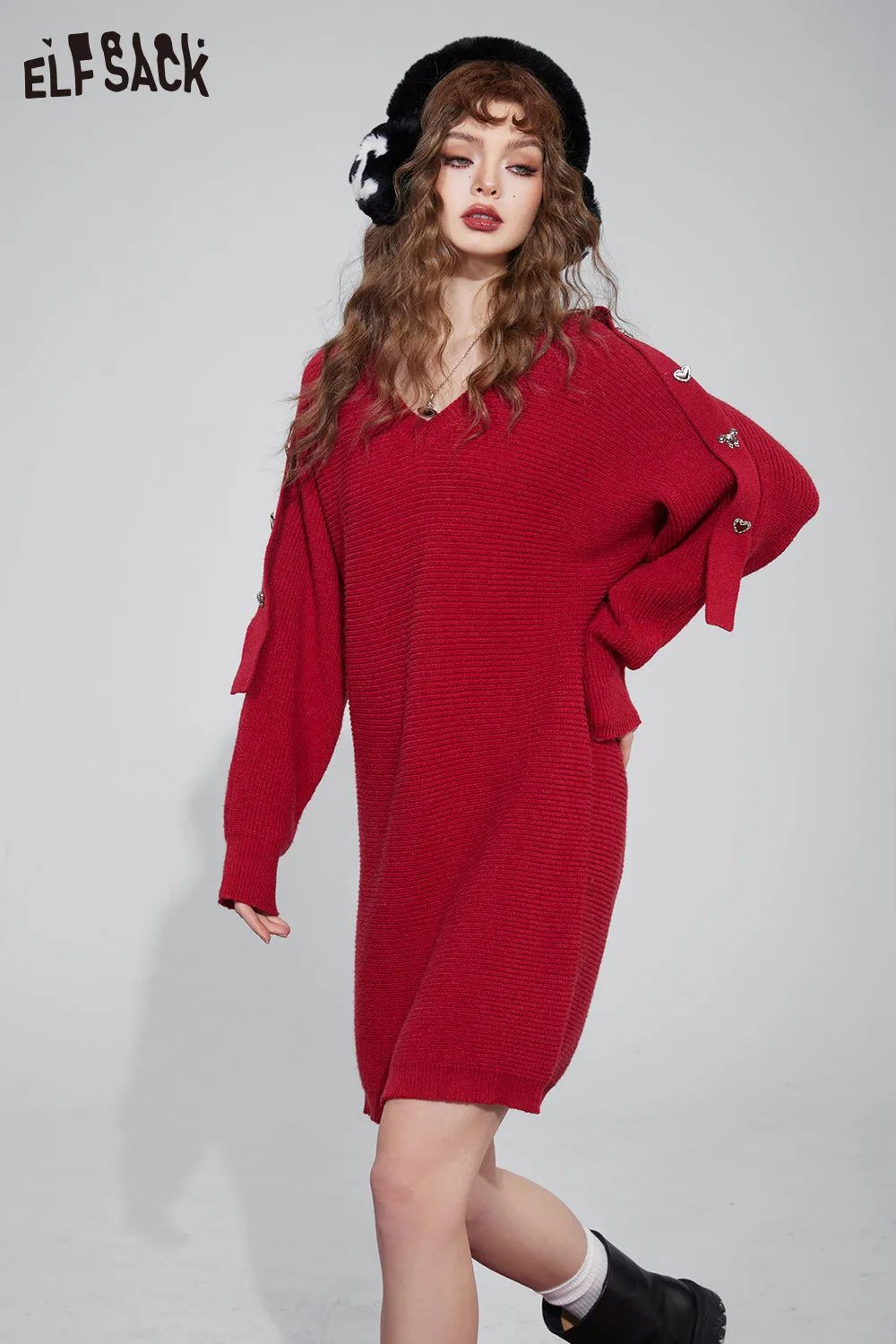 ELFSACK Gyaru Christmas Party Dress For Women 2023 Winter New Plus Size Luxury Knitting Dresses