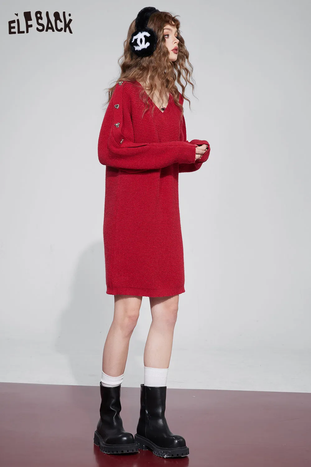 ELFSACK Gyaru Christmas Party Dress For Women 2023 Winter New Plus Size Luxury Knitting Dresses