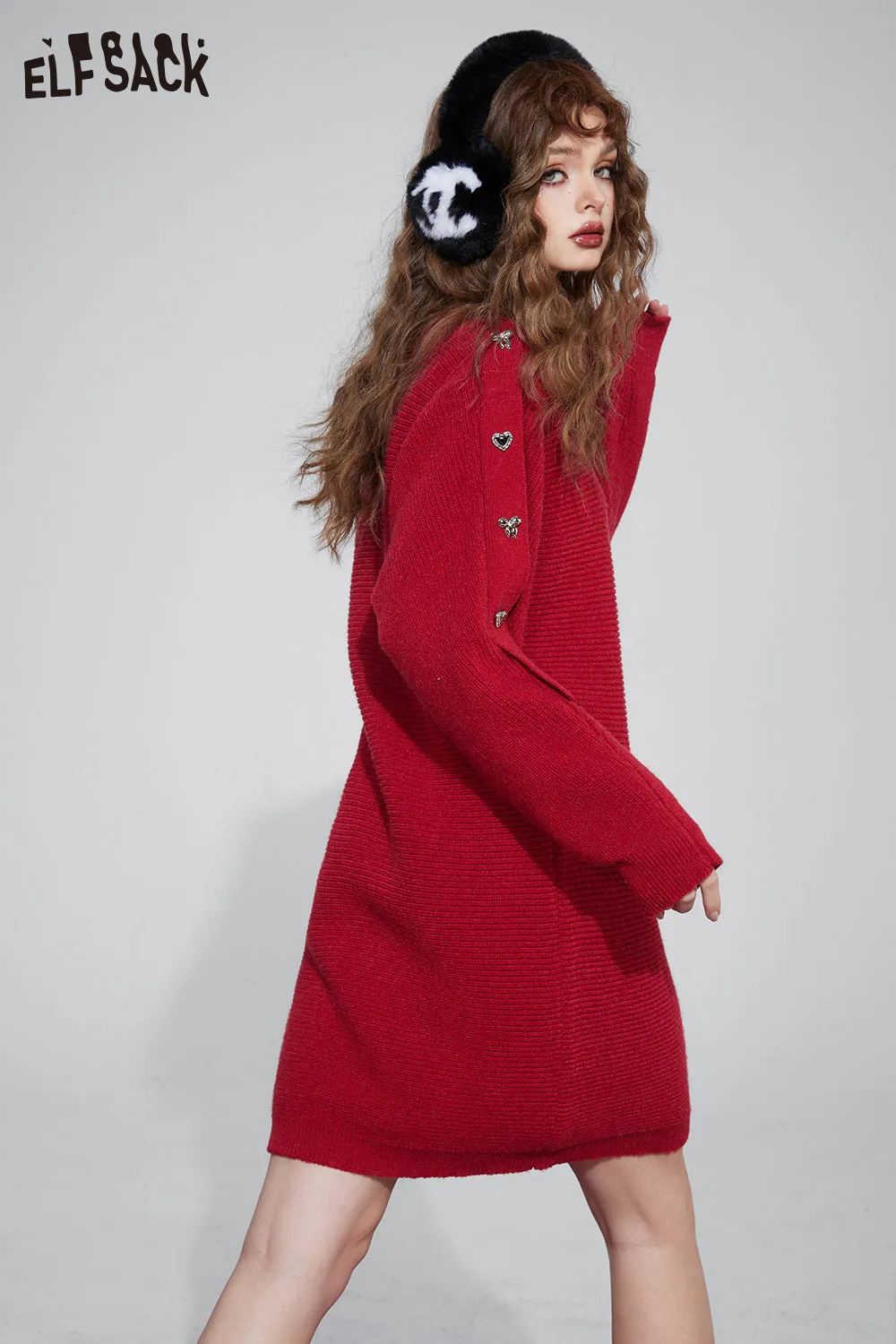 ELFSACK Gyaru Christmas Party Dress For Women 2023 Winter New Plus Size Luxury Knitting Dresses