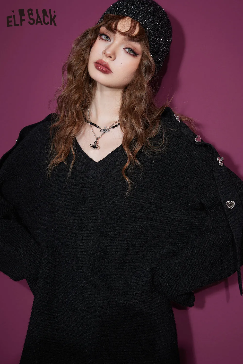 ELFSACK Gyaru Christmas Party Dress For Women 2023 Winter New Plus Size Luxury Knitting Dresses