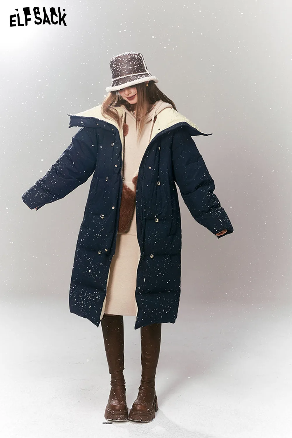 ELFSACK Korean Fashion Down Coats Women 2023 Winter New Luxury Mid-length Outwears