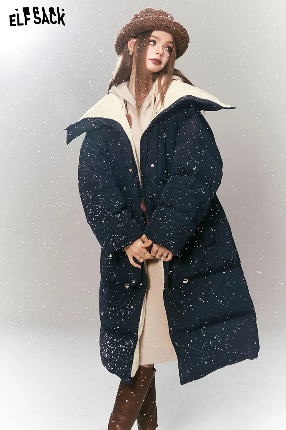 ELFSACK Korean Fashion Down Coats Women 2023 Winter New Luxury Mid-length Outwears