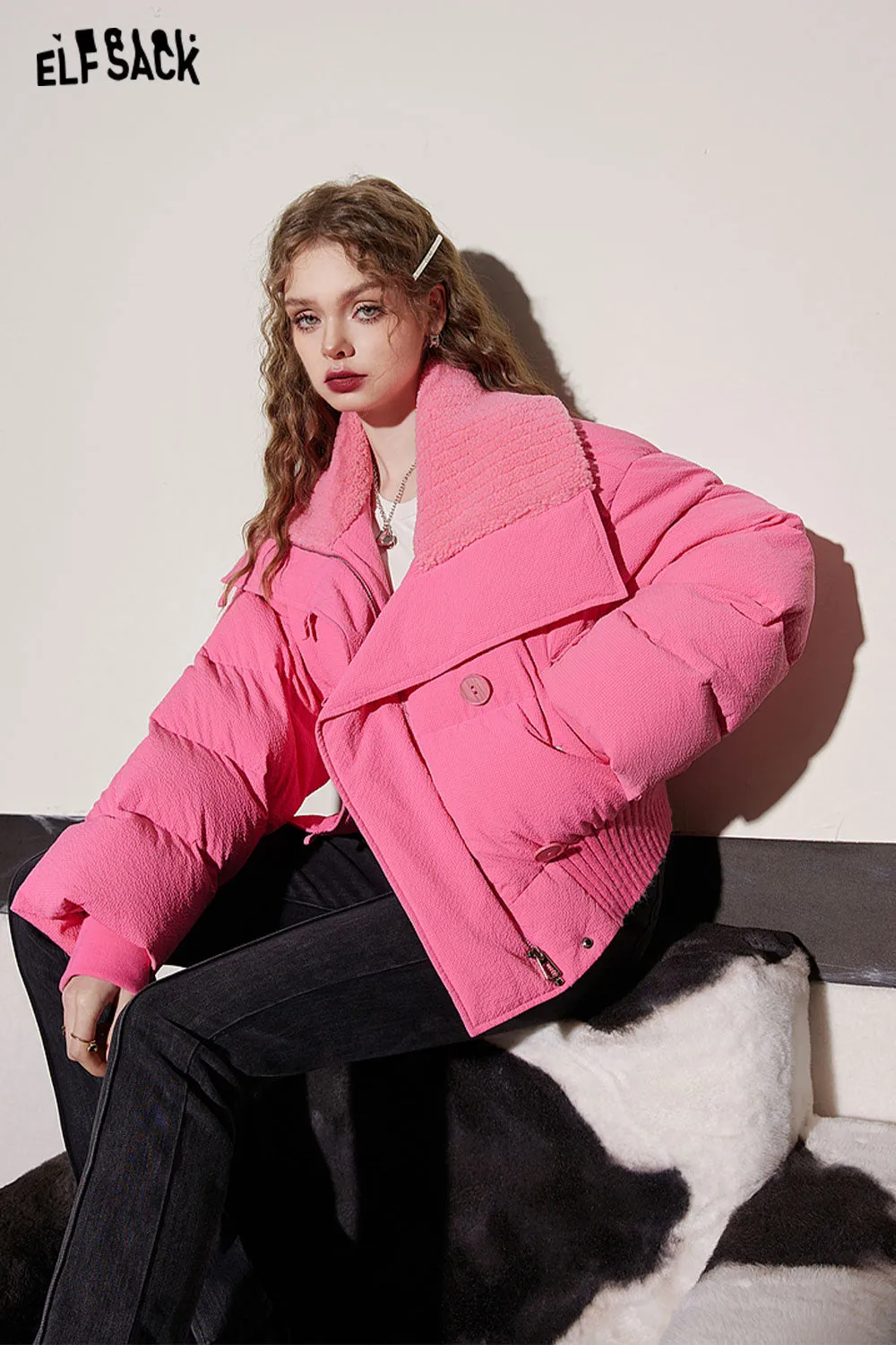 ELFSACK Pink Lapel Warm Down Coats Women 2023 Winter Loose Short Casual Outwears