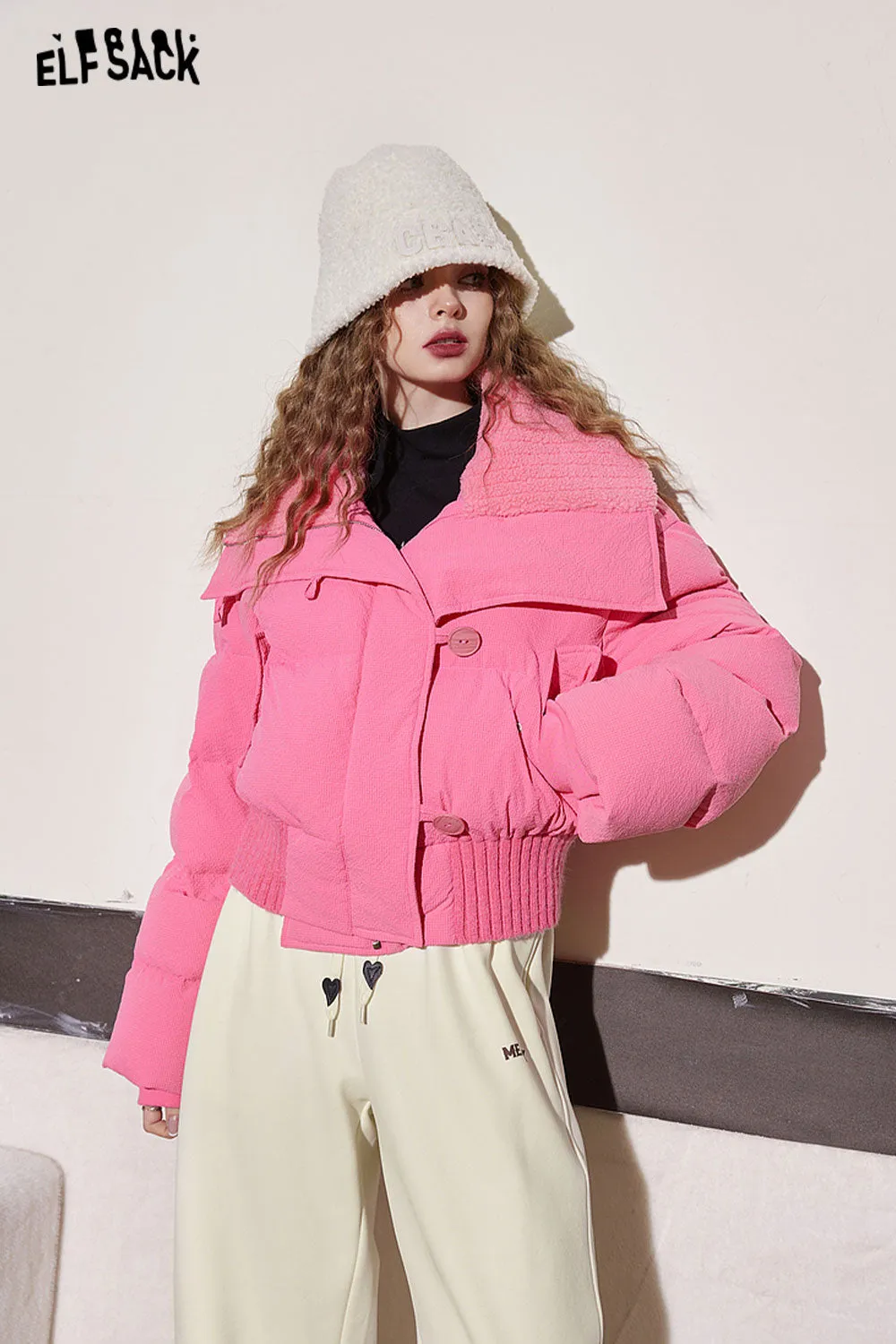 ELFSACK Pink Lapel Warm Down Coats Women 2023 Winter Loose Short Casual Outwears