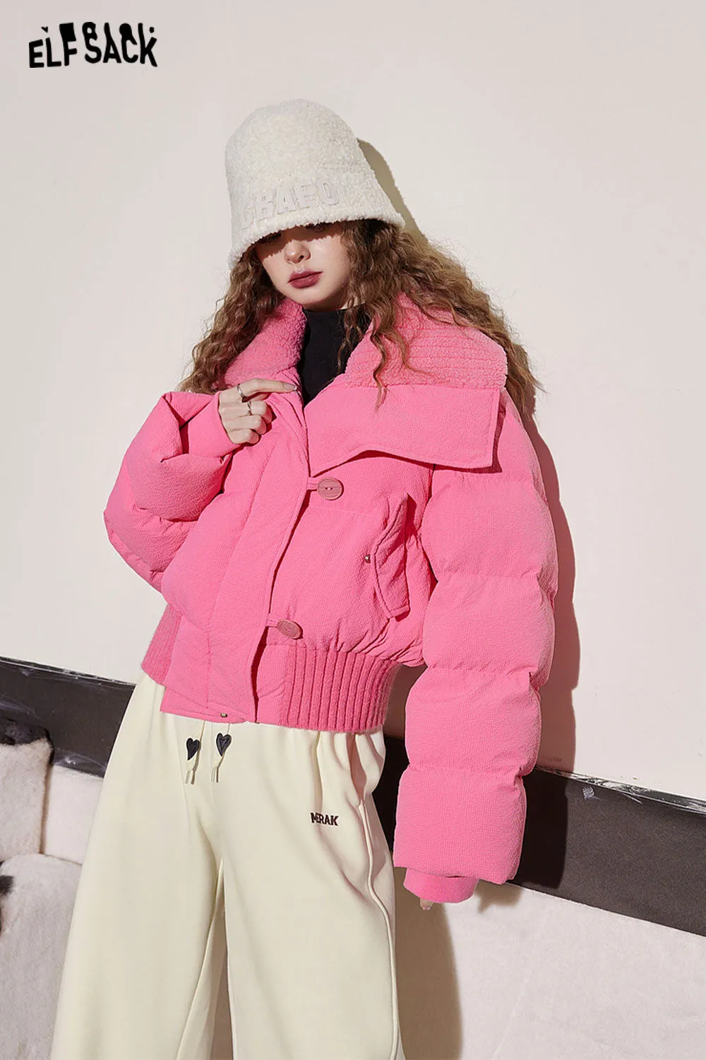ELFSACK Pink Lapel Warm Down Coats Women 2023 Winter Loose Short Casual Outwears