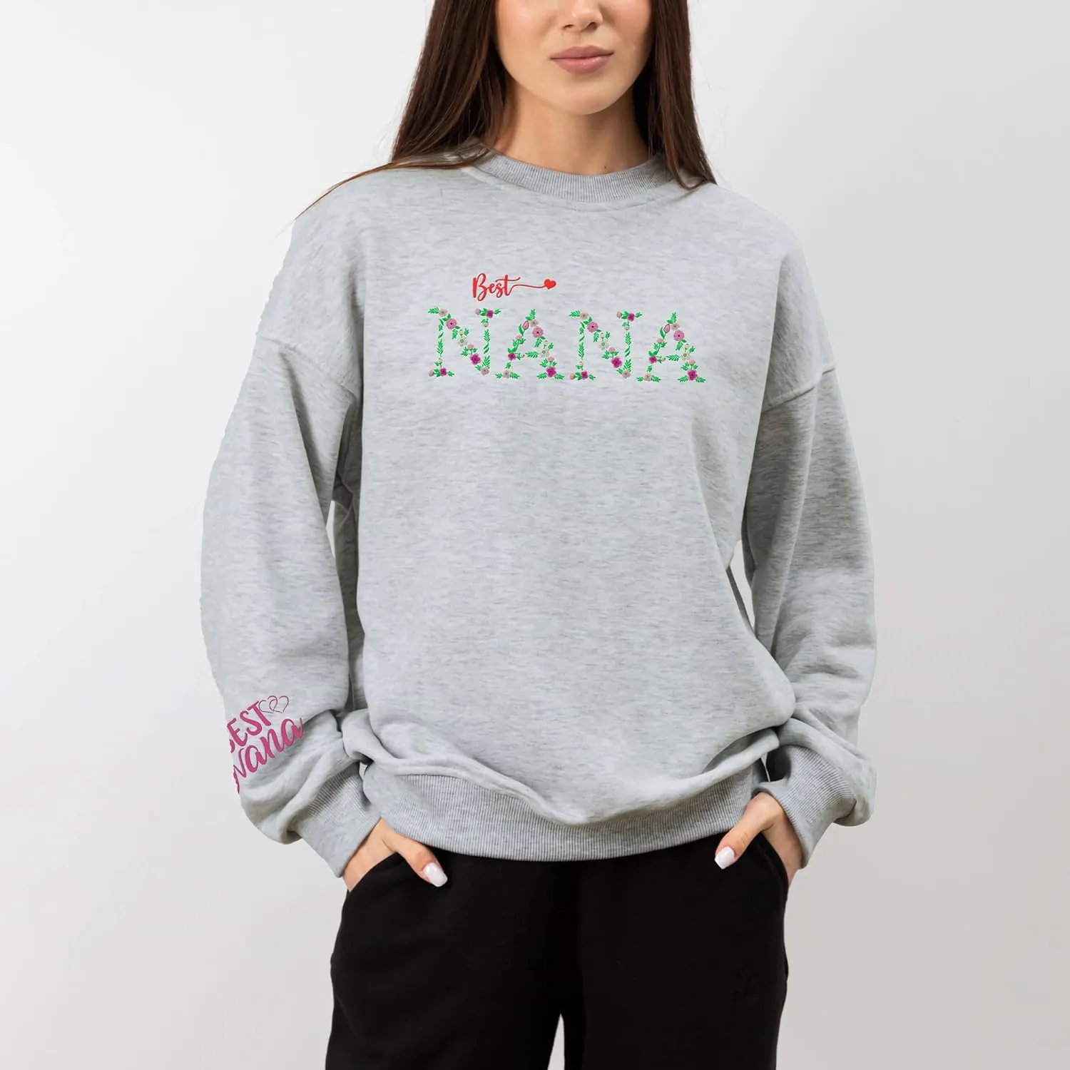 Embroidered Graphic Flower Letter Nana Women Sweatshirt with Long Sleeve Embroidery Nana Pullover