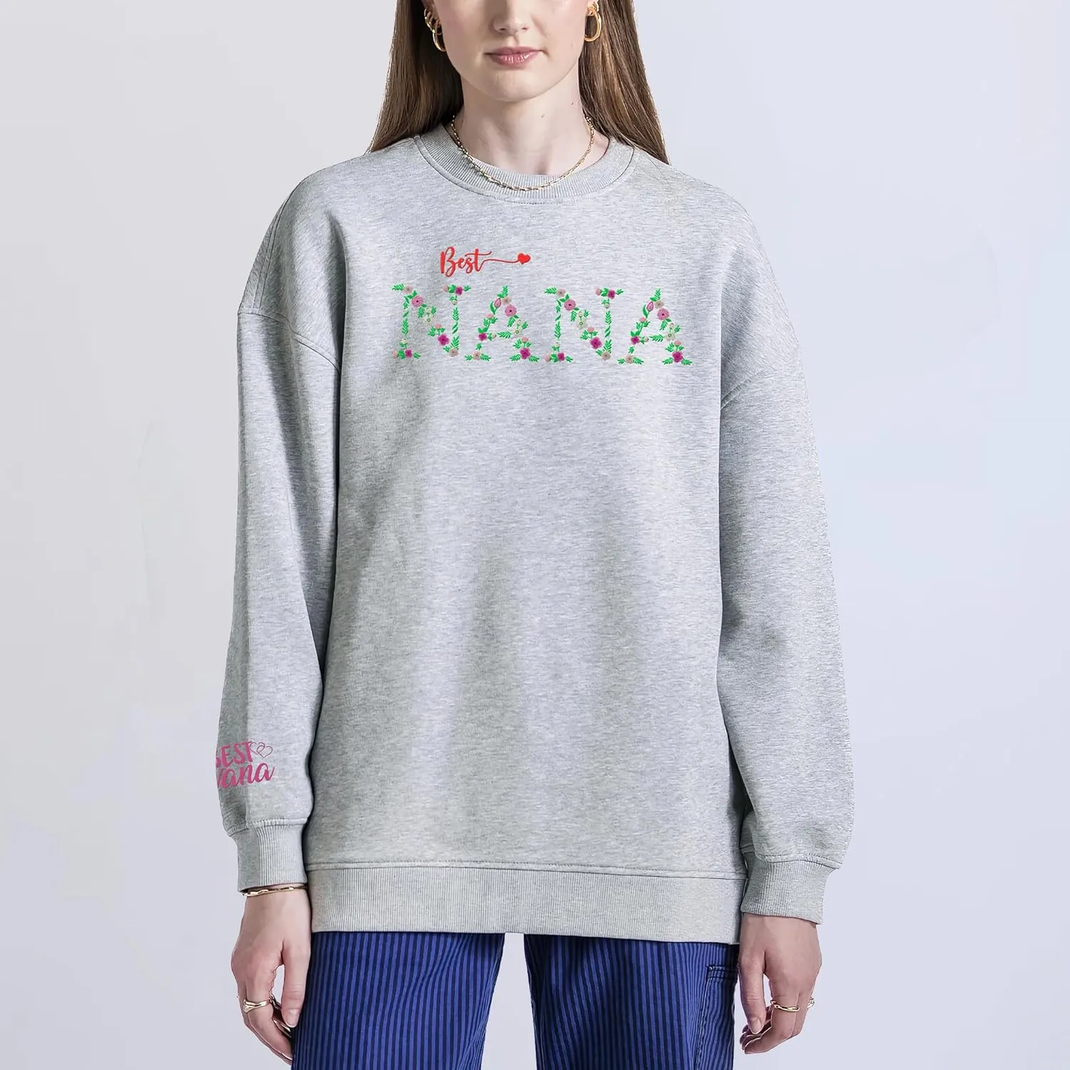 Embroidered Graphic Flower Letter Nana Women Sweatshirt with Long Sleeve Embroidery Nana Pullover