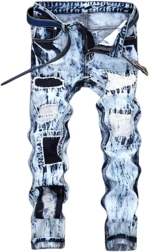 Enrica Men's Ripped Straight Slim Moto Biker Jeans
