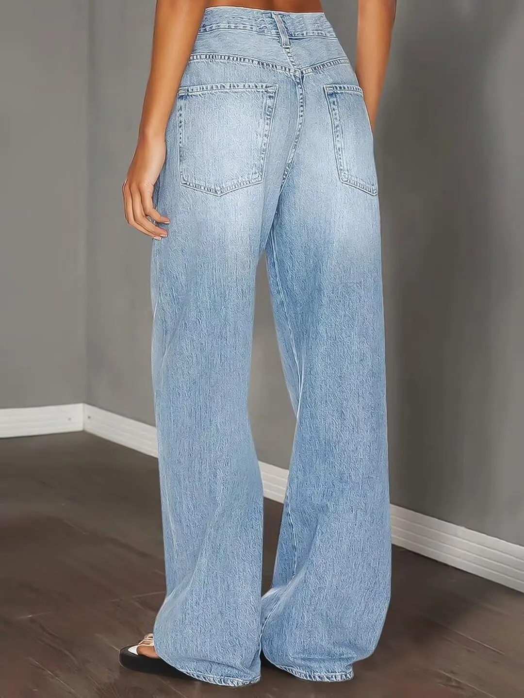 Flamingals Wide Leg Low Rise Casual Drawstring Cut Out Denim Jeans with Pockets