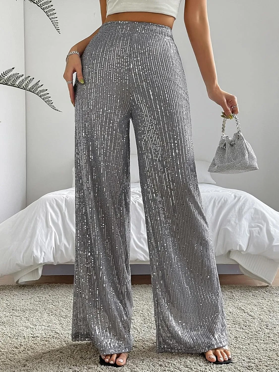 Floerns Women's Contrast Sequin High Waist Wide Leg Party Clubwear Long Pants